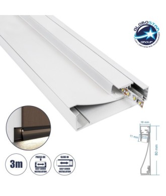 GloboStar® SKIRTINGBOARD-PROFILE 70851-3M Προφίλ Αλουμινίου - Βάση & Ψύκτρα Ταινίας LED με Λευκό Γαλακτερό Κάλυμμα - Επιφανειακή Χρήση για Περβάζι - Πατητό Κάλυμμα - Λευκό - 3 Μέτρα - Μ300 x Π1.6 x Υ8cm